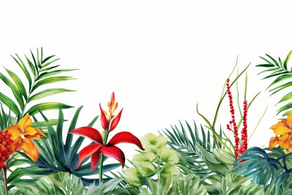 Palm leaves and island flowers nature backgrounds outdoors.