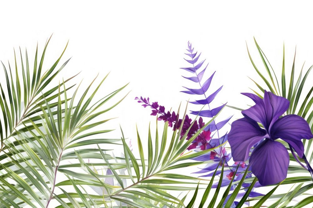 Palm leaves and lavender flowers nature backgrounds outdoors.