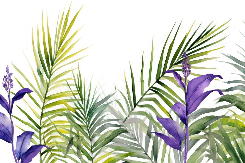 Palm leaves and lavender flowers nature backgrounds vegetation.