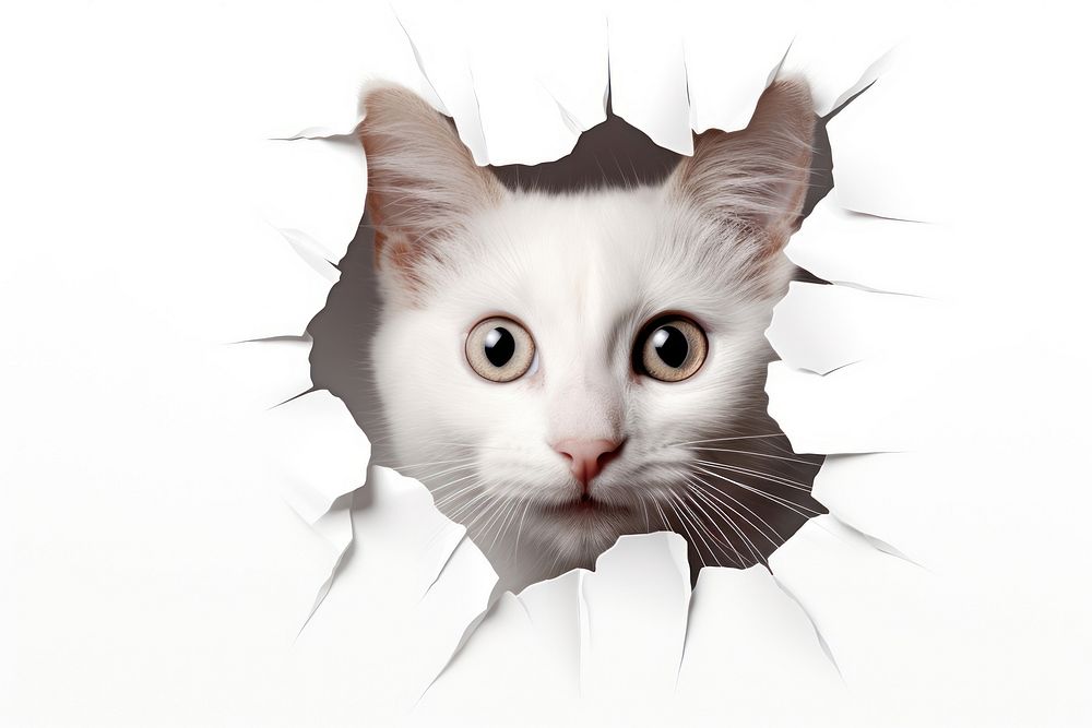 Cat peeking out through a paper hole portrait animal mammal. AI generated Image by rawpixel.
