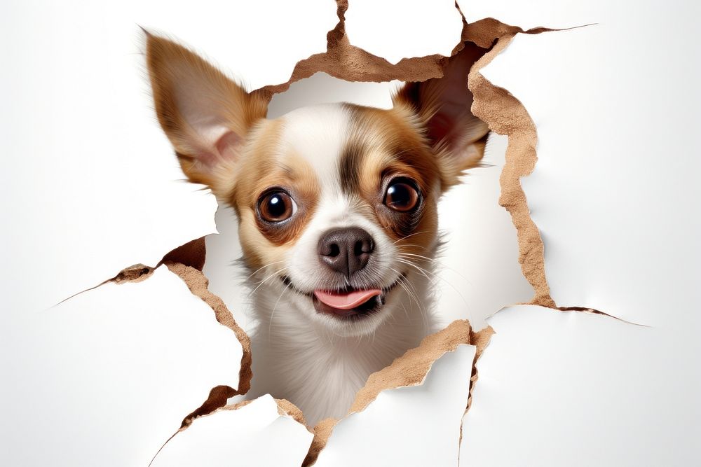Dog peeking out and try to step through a torn paper hole chihuahua portrait mammal. AI generated Image by rawpixel.