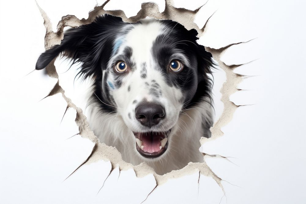 Dog peeking out and try to step through a torn paper hole portrait mammal animal. AI generated Image by rawpixel.