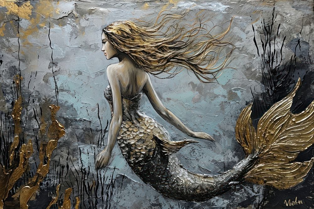 Painting art mermaid adult sea representation.