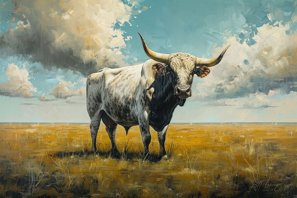 Painting art bull livestock landscape cattle.