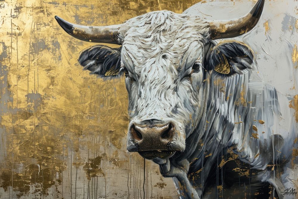 Painting art bull livestock mammal cattle.