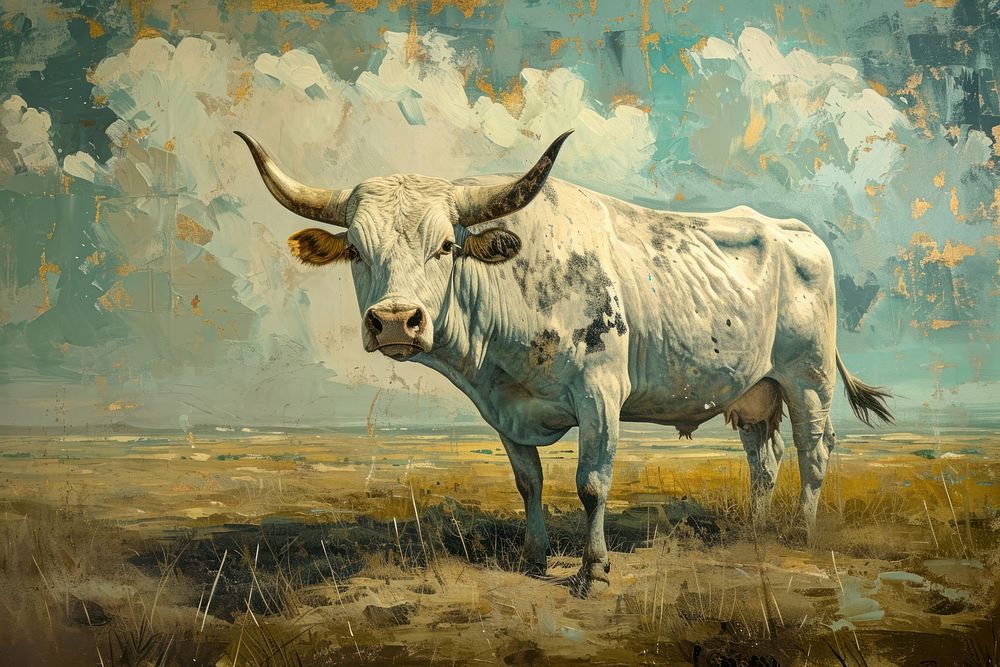 Painting art bull livestock landscape cattle.