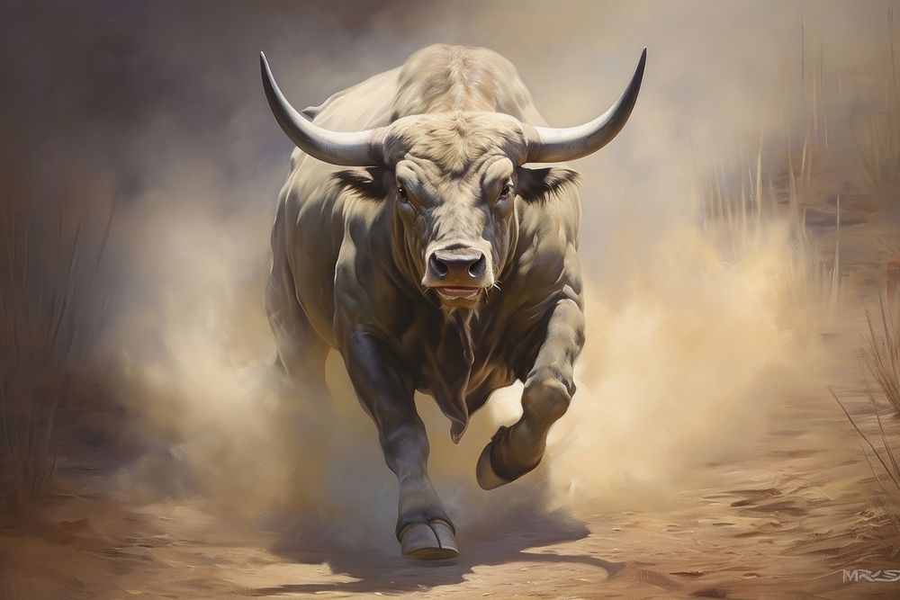 Painting art bull livestock landscape wildlife.