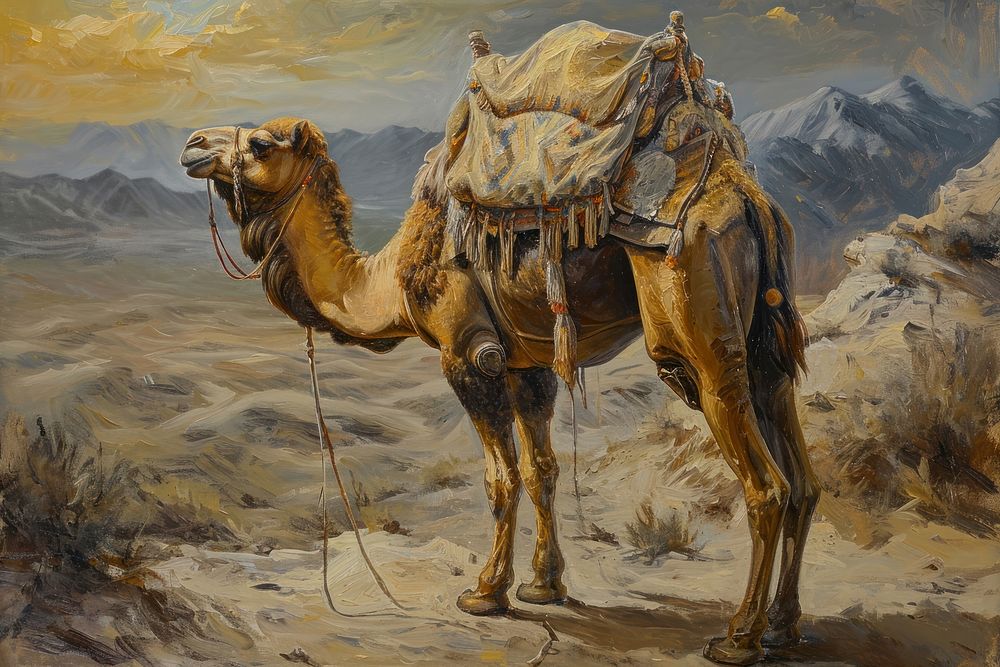 Painting art camel landscape desert animal.