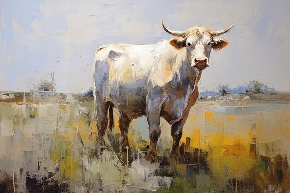 Painting bulls livestock landscape cattle.