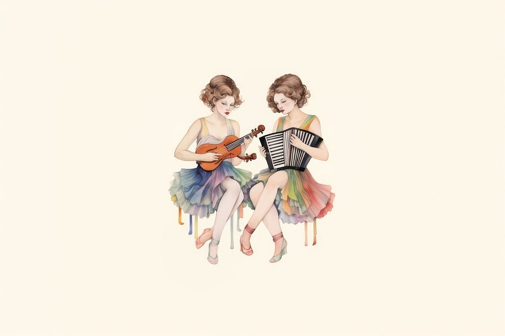 A twin woman playing music instrument character art togetherness creativity.