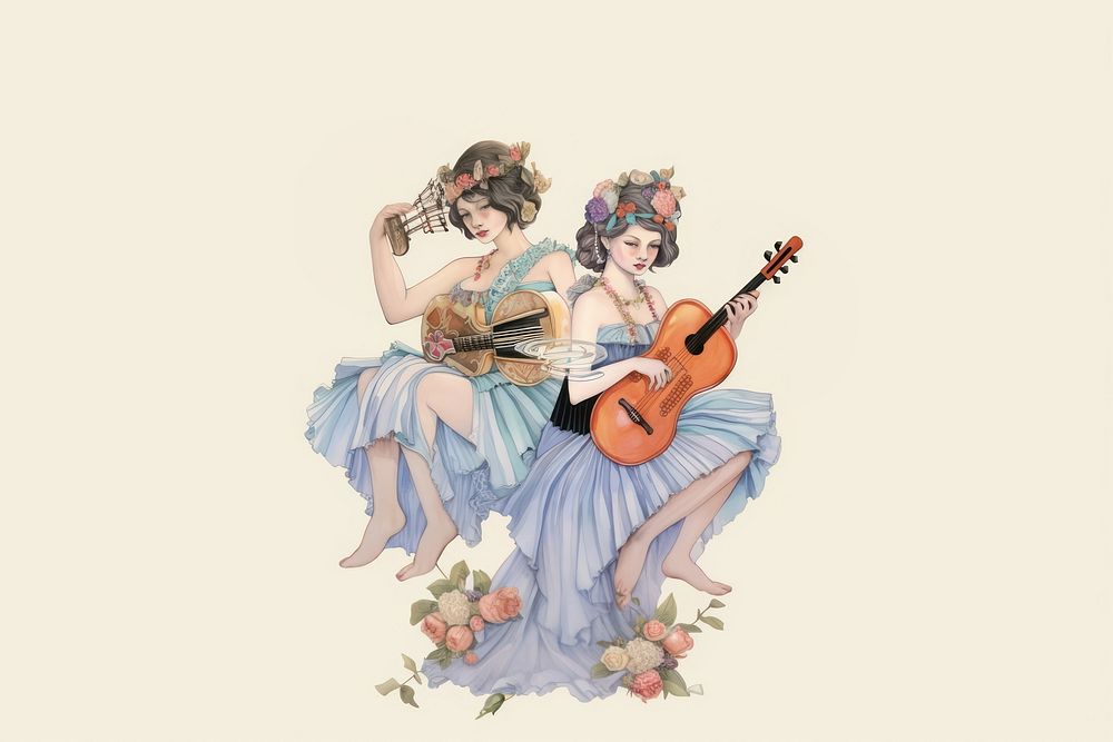 A twin woman playing music instrument character drawing guitar sketch.