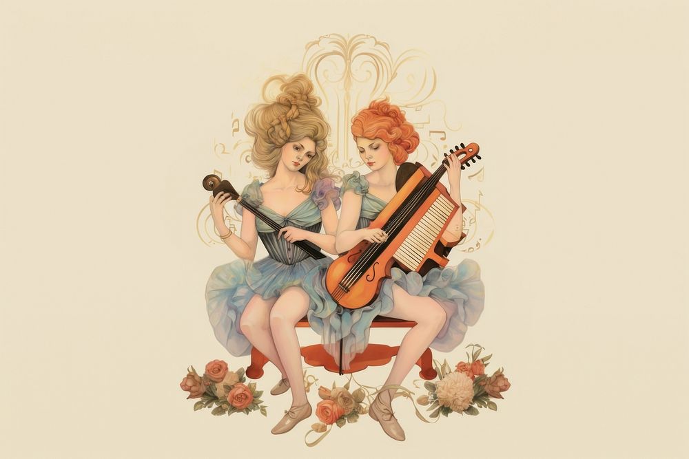 A twin woman playing music instrument character adult representation togetherness.