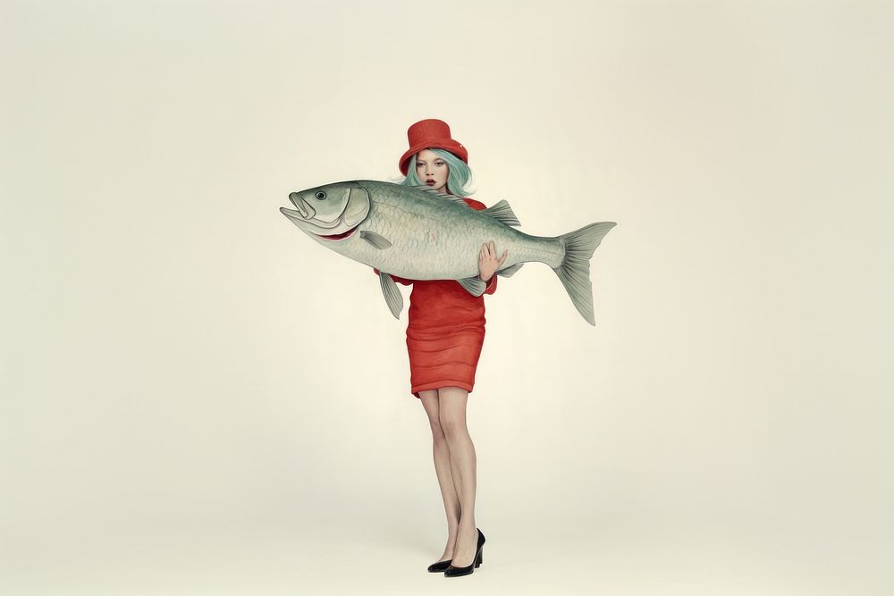 A woman carry a big fish portrait animal adult.