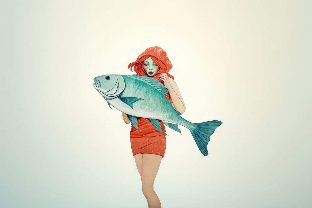 A woman carry a big fish swimming portrait animal.