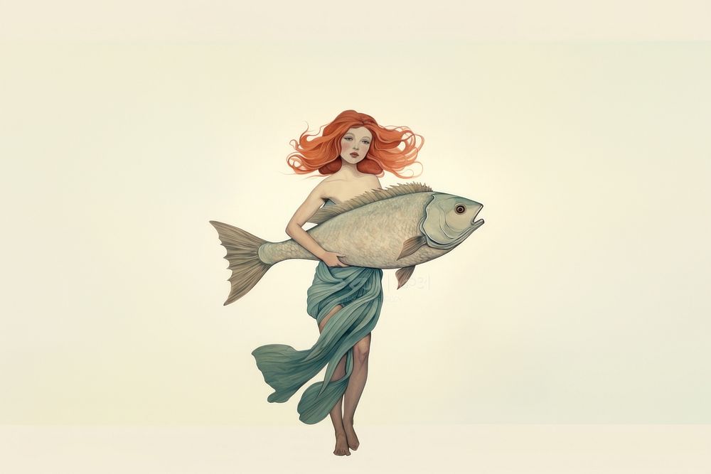 A woman carry a big fish swimming cartoon sketch.