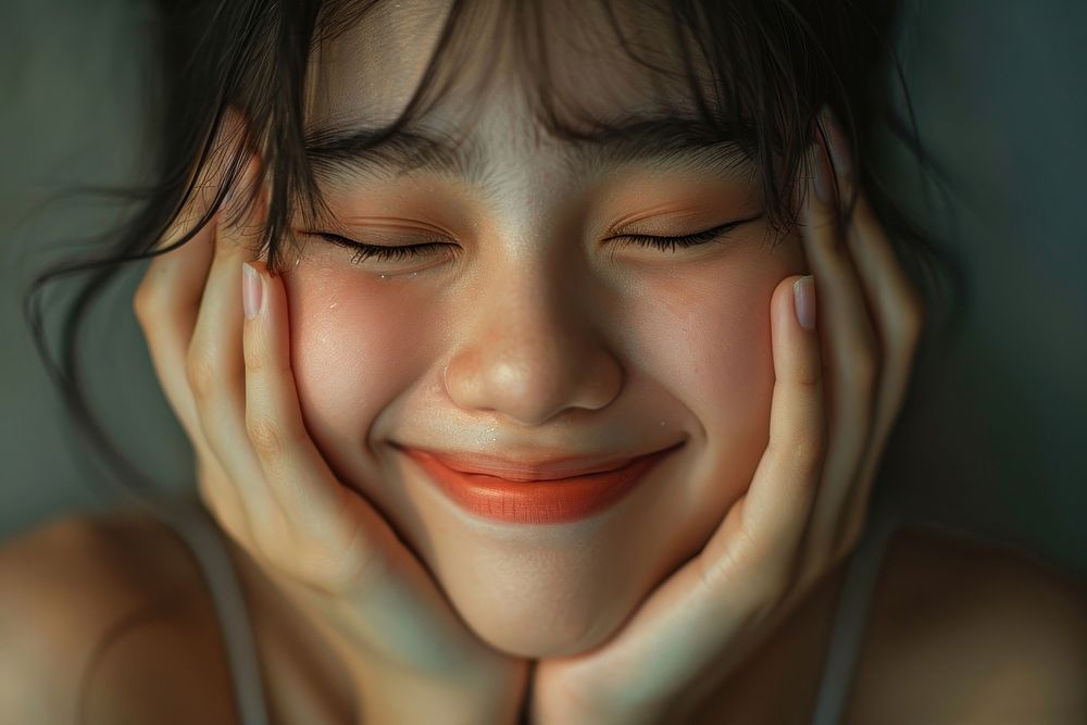Cute young woman laughing skin hand.