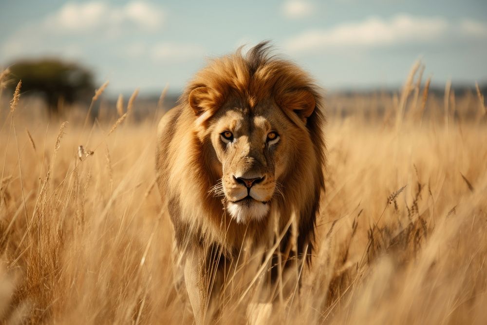 Lion walks through tall grass grassland wildlife outdoors. AI generated Image by rawpixel.