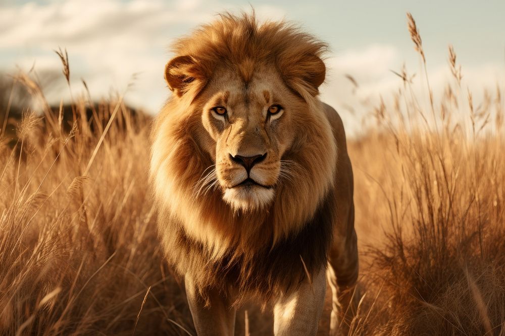 Lion walks through tall grass grassland wildlife outdoors. AI generated Image by rawpixel.