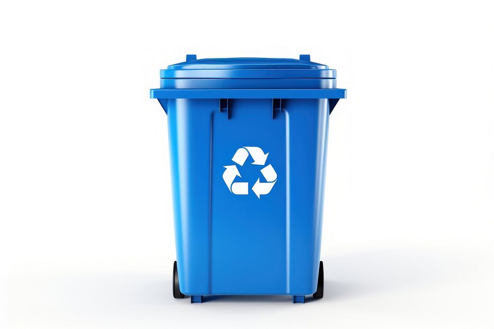 Blue recycle bin with recycle icon white background container recycling.