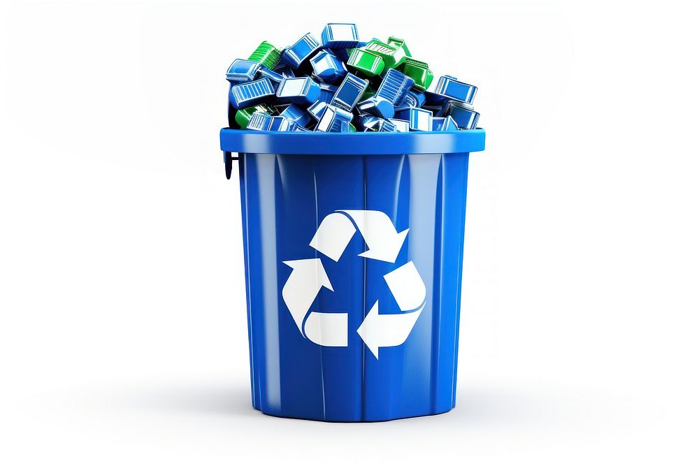 Blue recycle bin with recycle icon plastic bottle white background.