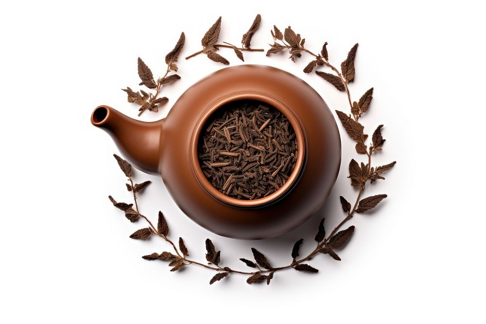 Brown ceramic teapot drink white background ingredient.