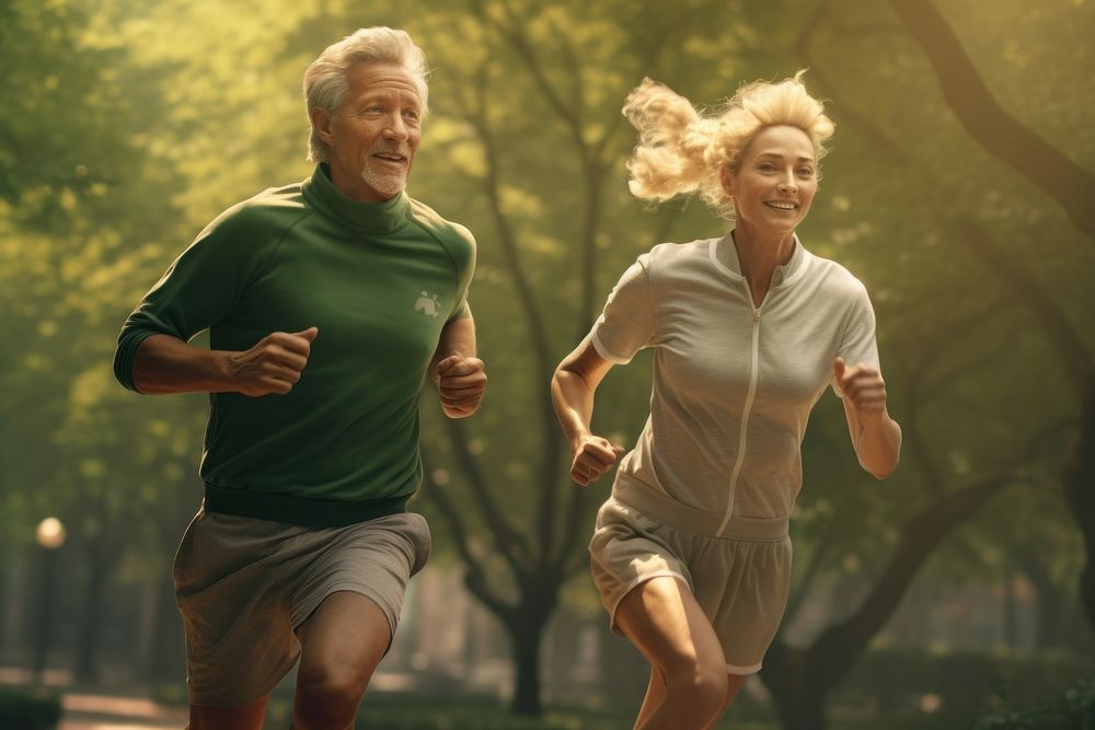 Healthy elderly woman and man running in the park jogging sports adult. 