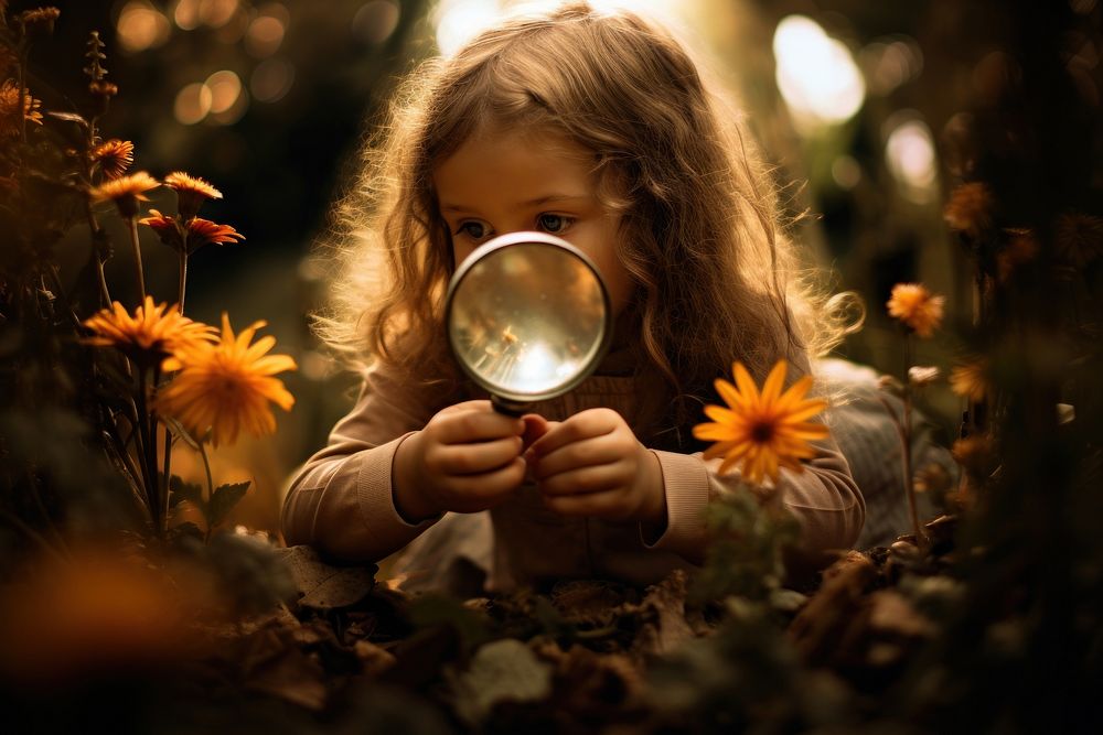 Little girl looking through a magnifying glass portrait nature child. AI generated Image by rawpixel.