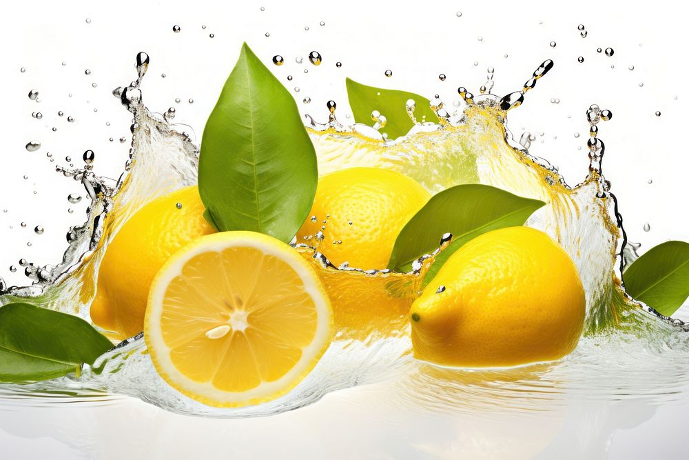 Splash liquid sliced lemons grapefruit plant lime.