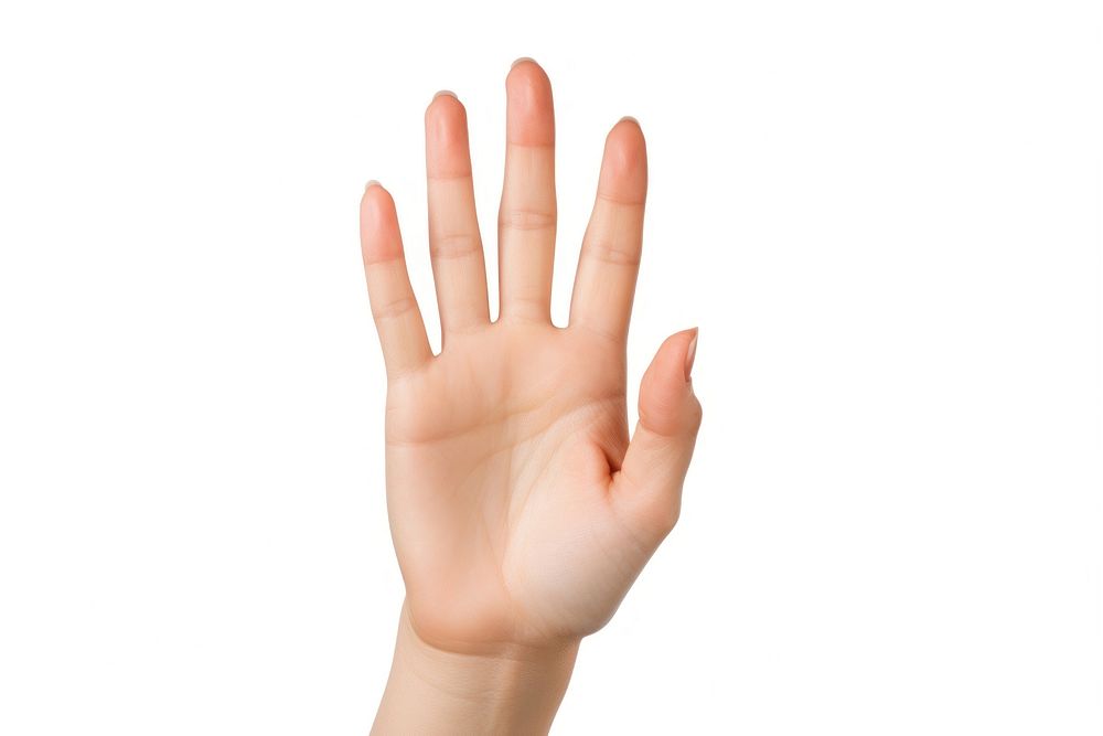 Woman make a hand gesture with two palms okay sign finger white background gesturing.