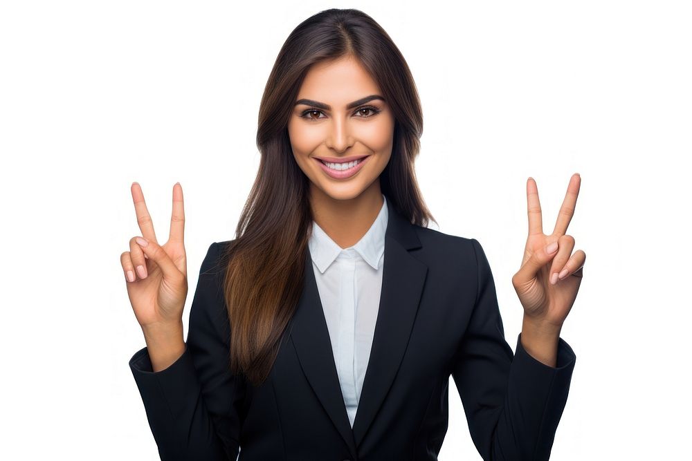 Woman make a hand gesture with two palms okay sign portrait finger smile.