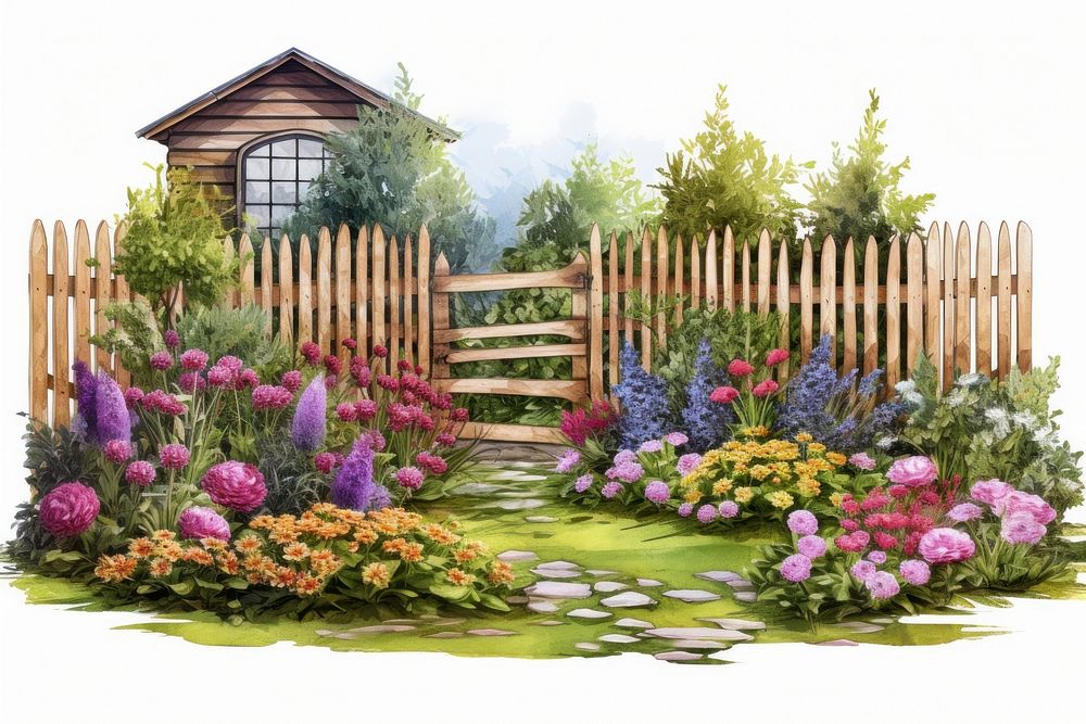 Small wooden yard with flowers and shrubs on the grass outdoors backyard nature.