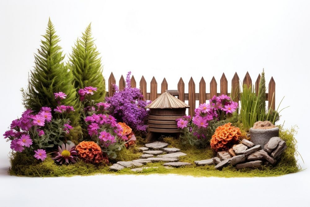 Small wooden yard with flowers and shrubs on the grass outdoors backyard garden.