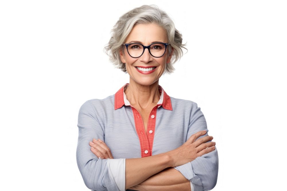 Smiling american woman cross arms pose portrait glasses adult.