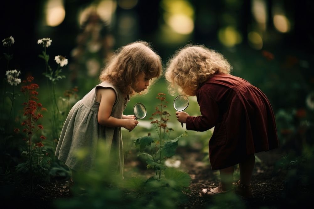 Two little girl looking through a magnifying glass in the garden nature outdoors child. AI generated Image by rawpixel.