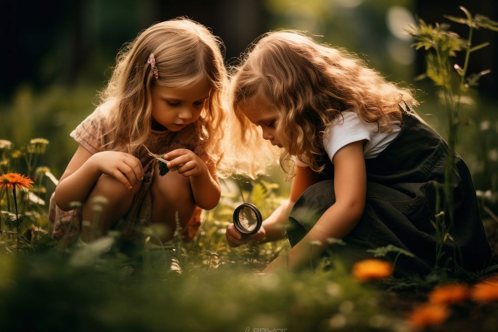 Two little girl looking through a magnifying glass in the garden nature child togetherness. AI generated Image by rawpixel.