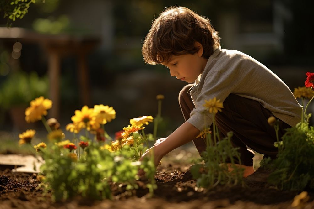 Young boy planting flowers in the backyard gardening outdoors nature. AI generated Image by rawpixel.