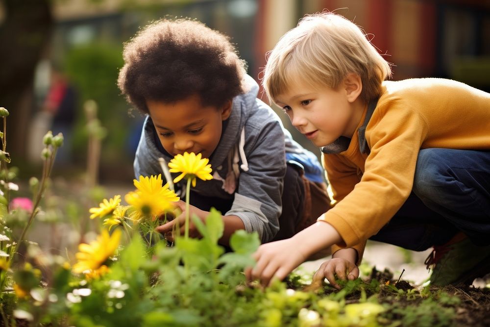 Young boy planting flowers with friend at the school backyard gardening outdoors nature. AI generated Image by rawpixel.