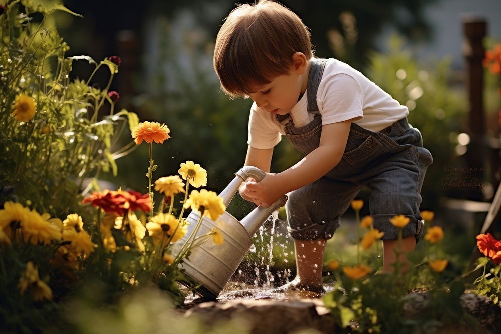 Young boy watering flowers in the backyard gardening outdoors nature. AI generated Image by rawpixel.