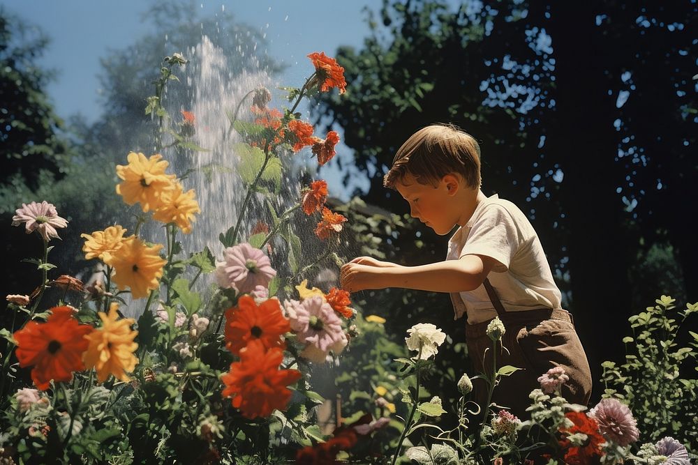 Young boy watering flowers in the school garden with friends gardening outdoors nature. AI generated Image by rawpixel.