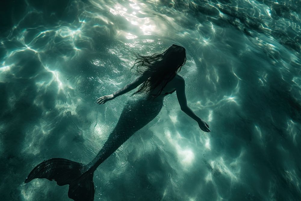 Mermaid swimming underwater outdoors nature.