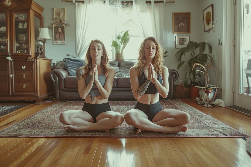 Mother and daughter engaged adult yoga cross-legged.