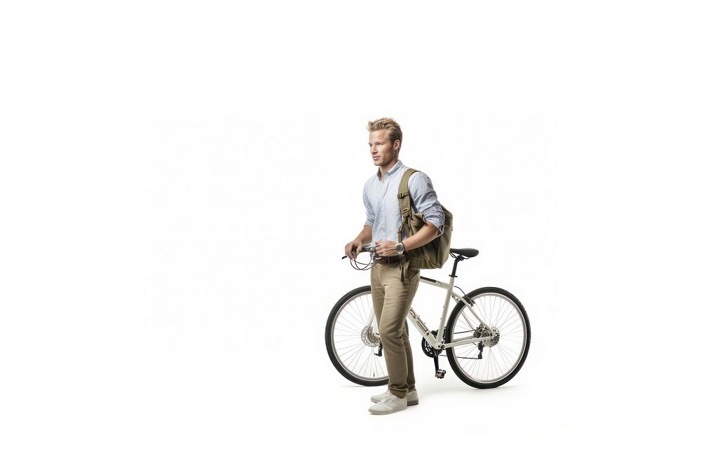 A white-man standing beside a bike looking at his watch on his arm sports cycling bicycle.
