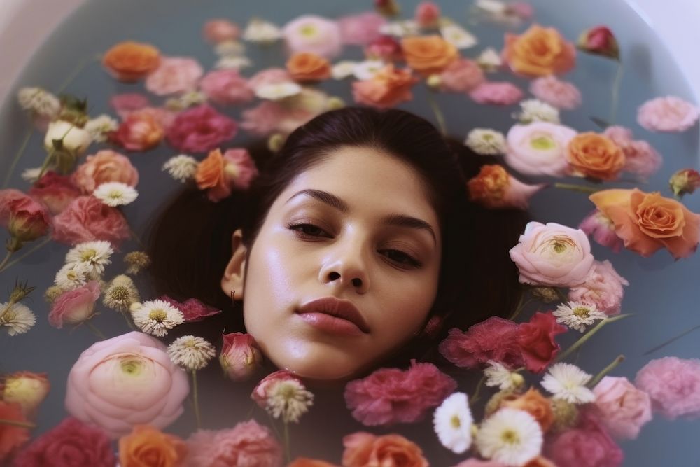 A woman in the bathtub with flowers photography portrait plant. 