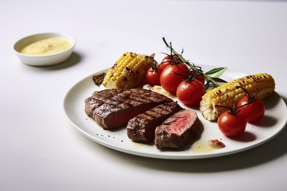 A beef steak plate tomato table.