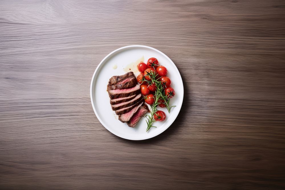 A beef steak plate tomato table.