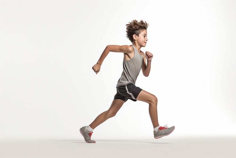 A boy wearing sport cloth running footwear jogging sports.