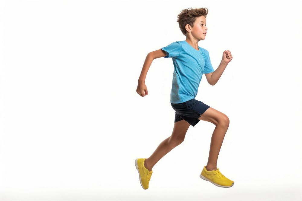 A boy wearing sport cloth running jogging jumping sports.
