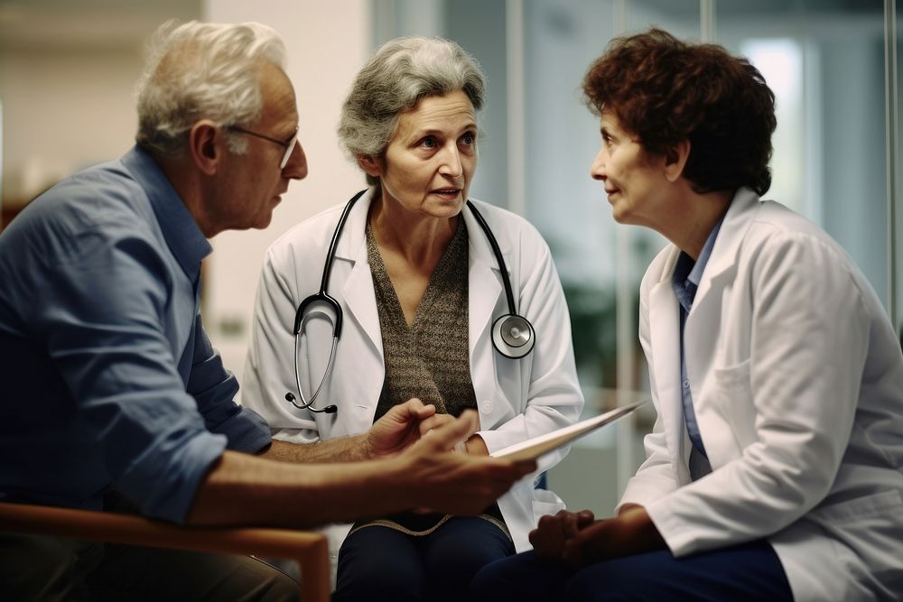 A doctor explaining things to elder couple patient stethoscope hospital adult.