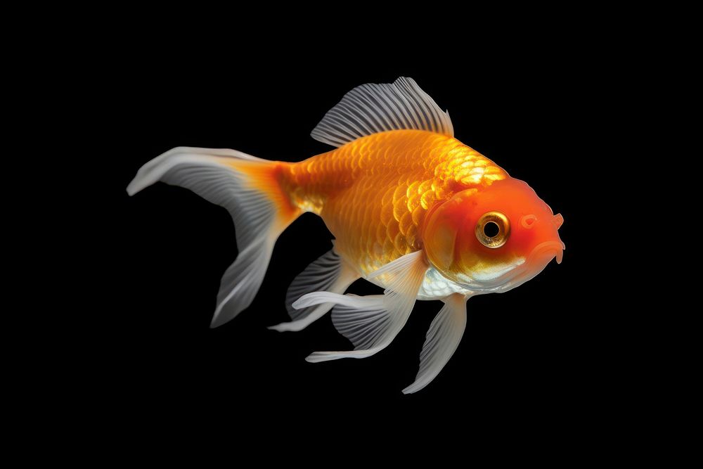 A ranchu gold fish goldfish animal black background.