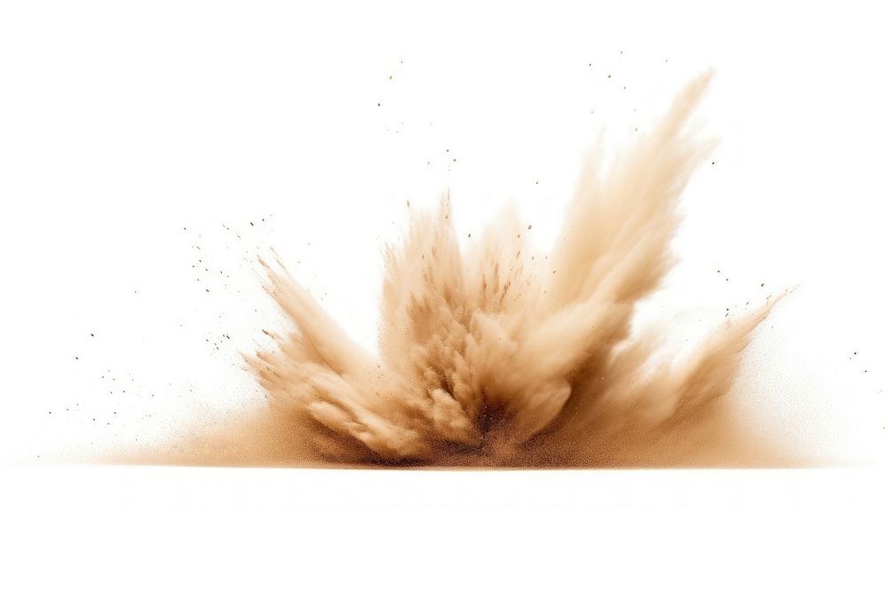 A Sand flying explosion white background splattered exploding.